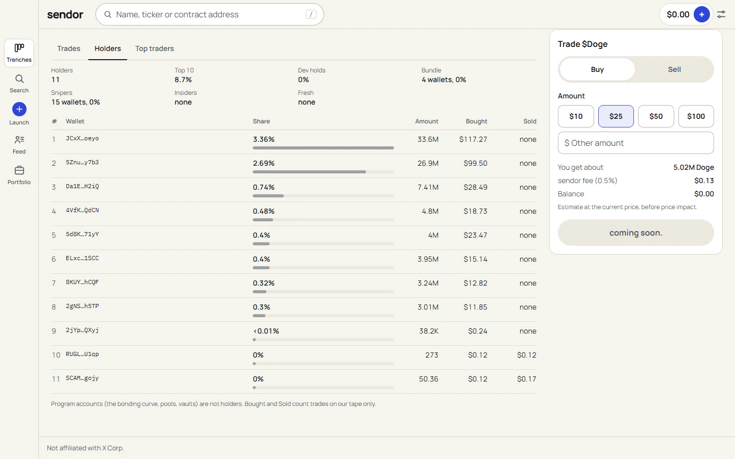 A coin page on desktop: the holders table with top 10 share, dev holdings and snipers, beside the trade panel.