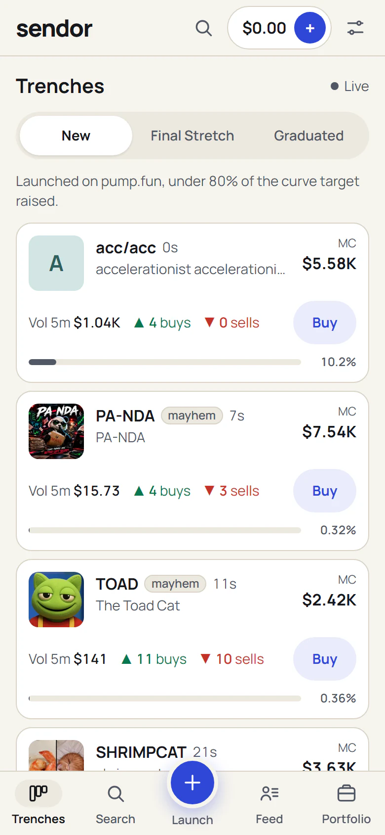 Trenches: New, Final Stretch and Graduated tabs over a list of pump.fun coins.